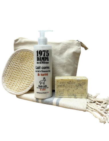 Coffret soin corps - Lait corps, savon de Marseille, éponge exfoliante