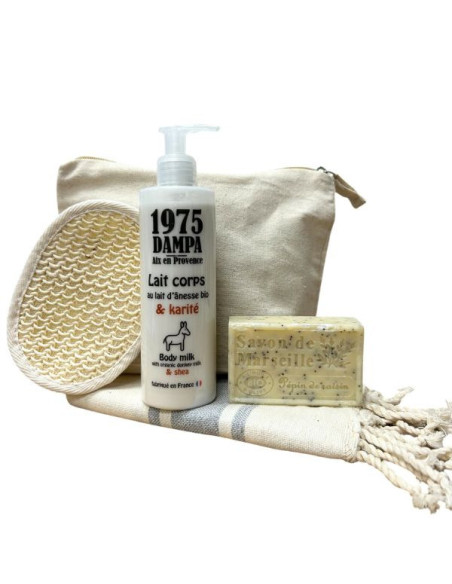 Coffret soin corps - Lait corps, savon de Marseille, éponge exfoliante