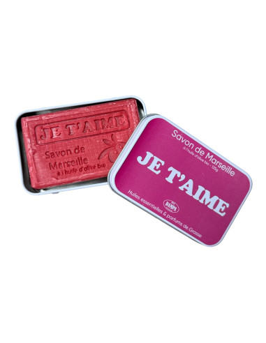 Sapone di Marsiglia "Je t'aime" con scatola in metallo
