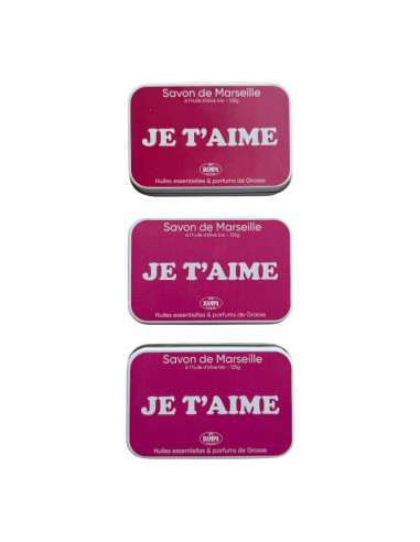 Sapone di Marsiglia "Je t'aime" con scatola in metallo